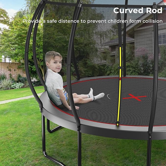 Lyromix 12 14 15 16FT Outdoor Trampolines for Kids and Adults, Pumpkin Trampolin with Curved Poles, Recreational Trampolin with Basketball Hoop and Safety Enclosure Net for Kids and Adults