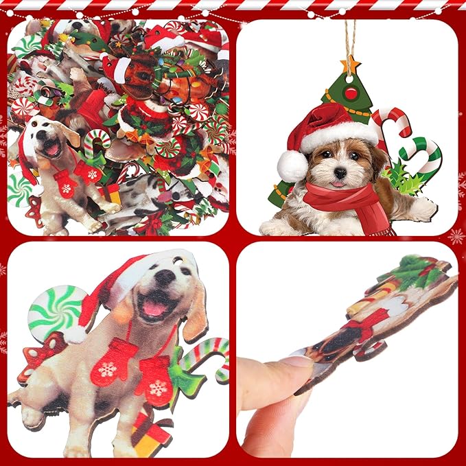 Qunclay 36 Pcs Dog Christmas Tree Ornaments Wooden Dog Christmas Tree Decorations Rustic Xmas Puppy Hanging Ornament Decorative Puppy Wood Pendants for Home Fireplace Holiday Xmas Party Decor