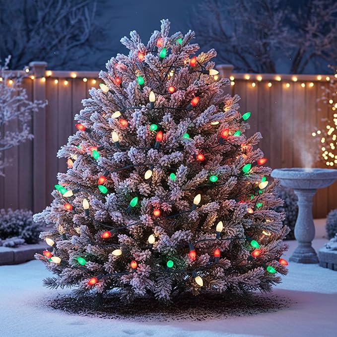 C7 LED Red White and Green Christmas Lights,25ft Vintage Ceramic Christmas String Light with 27 Multicolor LED Bulbs(2 Spare),Outdoor Hanging Lights for Garden House Xmas Garland Tree Decor
