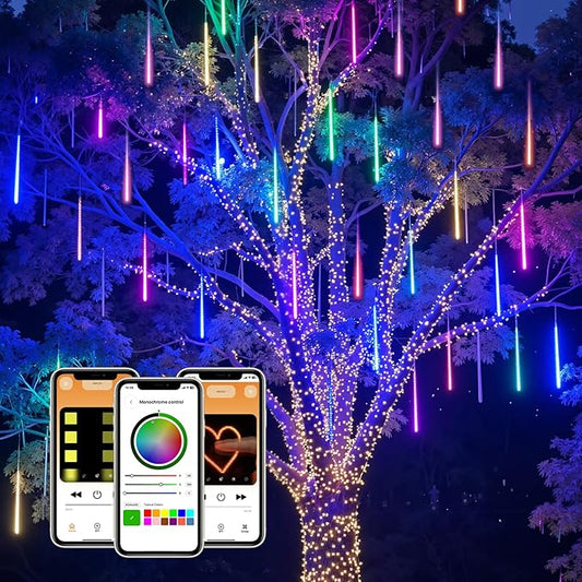 Smart Meteor Shower Rain Lights, 8Tube 128LED 11.48ft Color Changing Icicle Christmas Lights Outdoor Outside, APP Controlled RGB Customize Display DIY Dynamic Lighting Effect