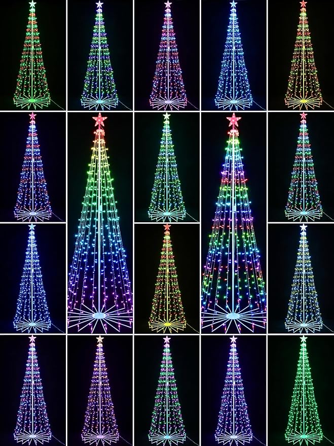 Flacchi Smart Christmas Cone Tree Lights - Star Tree Topper with Removable Bracket, App Control, Sync with Music, Waterfall Colored Lights for Indoor Outdoor Xmas Decorations (8.8FT/ String Lights)