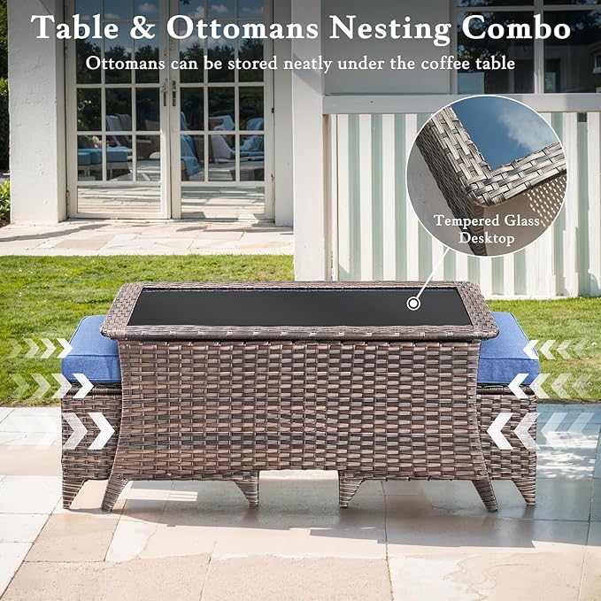 Luxury High Back Outdoor Furniture with 6-inch Extra Thick Cushions, Patio Furniture Set with Swivel Chairs, 8 PCS Wicker Conversation Set for Yard, Deck, Poolside, Brown/Blue
