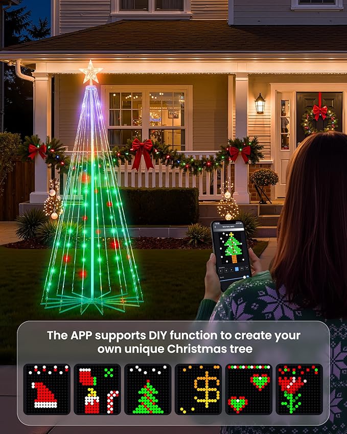 Smart Christmas Cone Tree LED Light, 6ft 265 LEDs Music Sync with Remote APP and Local Control, Pattern and Text Displayable, 16 Million Colors LED Light Show Tree for Indoor Outdoor Decorations