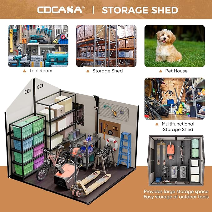 CDCASA 8x8 FT Resin Storage Shed with Floor Included, Large Waterproof Outside Plastic Storage Sheds with Base, 2 Adjustable Openable Windows,for Backyard Patio Lawn, Brown & Light Grey
