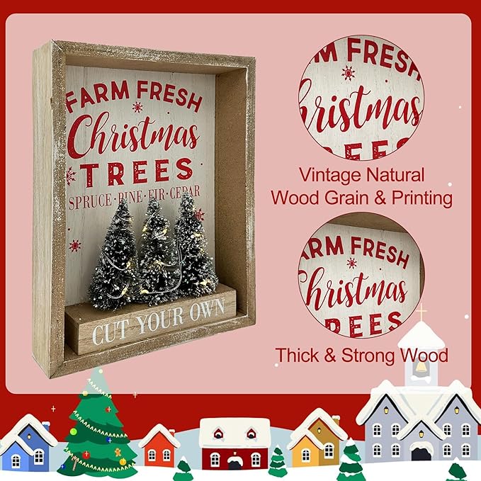 Christmas Decorations for Home Farmhouse LED Lighted Farm Fresh Christmas Tree Decor with Timer Wooden Table Winter Sign Winter Vintage Holiday Block Vintage Holiday Block Xmas Party Decor