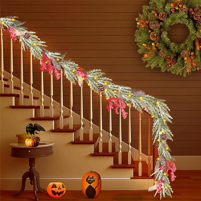 Christmas Garland with 50 Lights for Mantle - 6 Ft Snowy Cedar Garland with Pine Cones Red Berries Artificial Greenery Garlands with Timer, Prelit Garland for Holiday Table Centerpiece