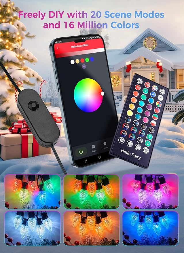 Brightown Smart C9 LED Christmas Lights Outdoor House, 50Ft 75 LED RGB Christmas Pathway Lights with 58 Preset Modes, App or Remote Control, Music Sync, Memory and Timer Function for Indoor/Outside
