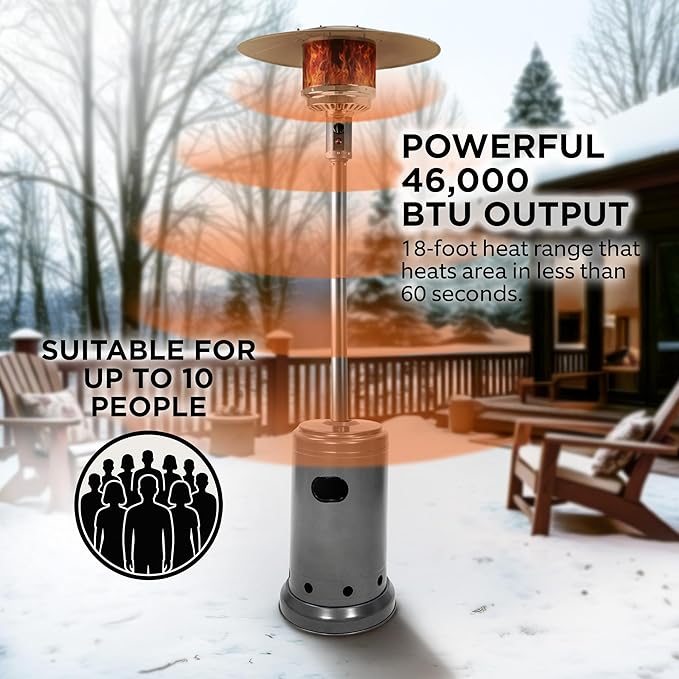 Amazon Basics 46,000 BTU Outdoor Propane Patio Heater with Wheels, Commercial & Residential, Slate Gray, with Water Tank, 32.1 x 32.1 x 91.3 inches (LxWxH)