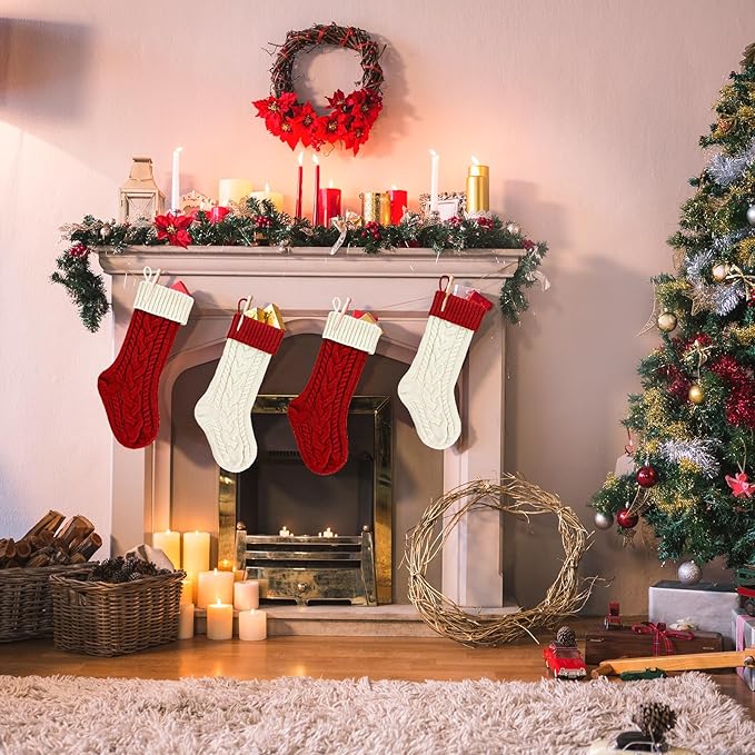 Personalized Christmas Stockings - 18 Inches Large Size Hanging Knitted Stockings for Fireplace, Christmas Tree and Family Holiday Decorations (Ivory/Burgundy, Pack of 2)