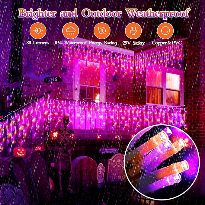 480 LED 49FT Halloween Lights Plug in 12 Modes with Timer Dimmable Halloween Decorations Outdoor Waterproof Indoor Window String Lights for Roof Porch Garden Holiday Wedding Party Decor Orange+Purple