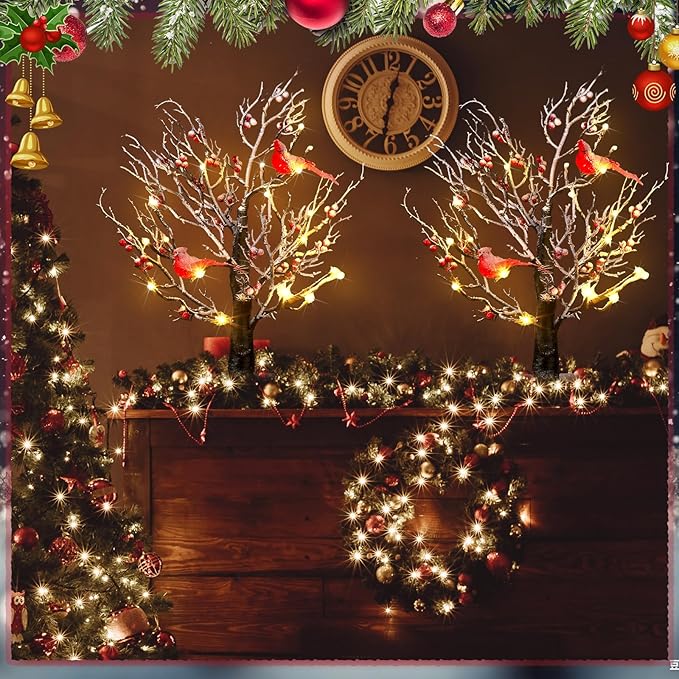 2 Pcs Vintage Glowing Tree with Cardinals Lighted Snow Christmas Mini Tree 24 LED Cardinal Little Red Bird Table Decoration for Tabletop Centerpiece Xmas Indoor Home Decor, Operated by Battery