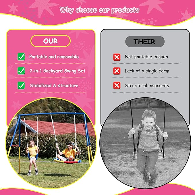 440lbs Swing Set for Backyard with Stand, Swing Heavy Duty Metal Outdoor Swing Stand, Contain 1 Saucer 32 & 1 Belt seat 26.2 for Playground and Backyard Playset, Adjustable Rope (Pink)