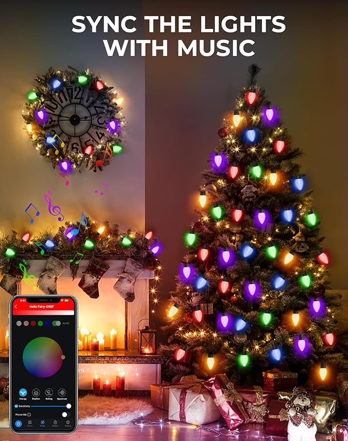 132FT 200LED Smart C9 Christmas Lights Outdoor, DIY Chasing Rainbow Lights App Remote Controlled 100+ Modes, Music Sync Xmas String Lights Waterproof Extendable for Tree House Indoor Xmas Decor