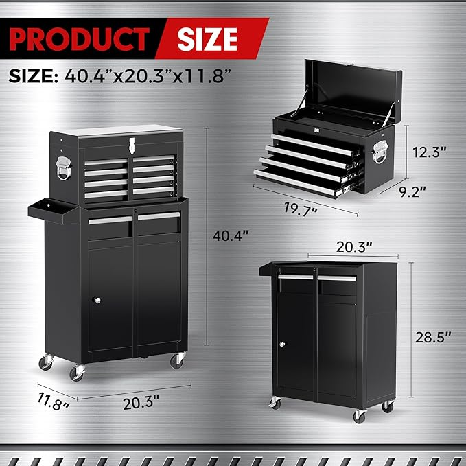 INTERGREAT Rolling Tool Chest, 5-Drawer Tool Box Organizer w/Lockable Wheels & Sliding Drawers & Detachable Top, Tool Storage Cabinet for Garage Workshop (Black)