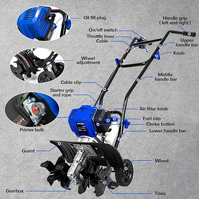 BILT HARD 46cc 4-Cycle 1.9HP Gas Powered Tiller Cultivator - 16 Heavy-Duty Steel Tines Rototiller, Adjustable Wheels & Cushioned Handle Grips for Plowing, Tilling, Weeding in Garden, Farm