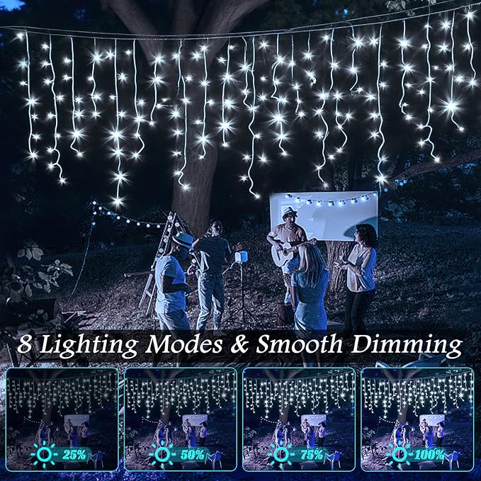 131FT Outdoor Icicle Lights Cold White- Waterproof Christmas Curtain Lights, 8 Modes Twinkle Function for Patio, Wedding, Holiday, Party Decorations(Cool White)