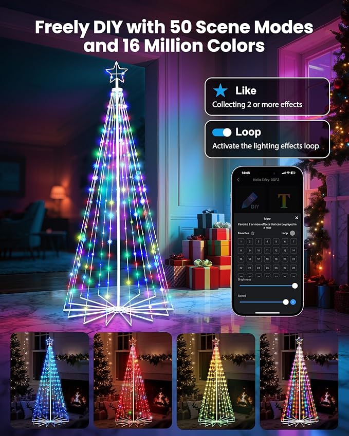 Smart Christmas Cone Tree LED Light, 12ft 832 LED Music Sync with Remote APP and Local Control, Pattern and Text Displayable, 16 Million Colors Light Show Tree for Indoor Outdoor Decorations