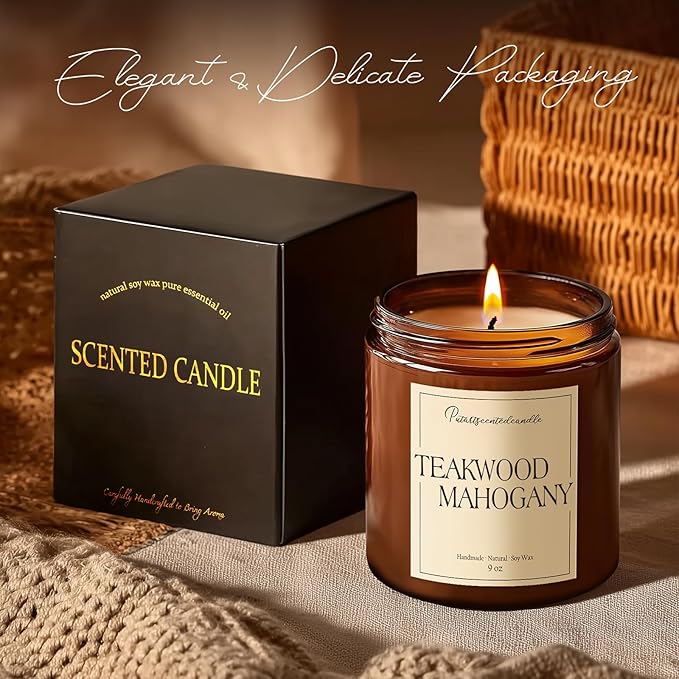 Mahogany & Teakwood Highly Scented Candles for Home, 9oz Natural Soy Aromatherapy Organic Candle with Essential Oil, Home Fragrance Stress Relief & Meditation Jar Candles Gifts for Men Women