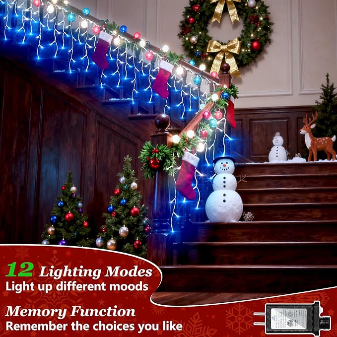 810 LED Christmas Lights Outdoor Indoor, 82ft Blue & White String Lights with 180 Drops, 12 Modes Dimmable Curtain Lights with Timer, Waterproof Twinkle Fairy Lights for Bedroom Window Xmas Decor