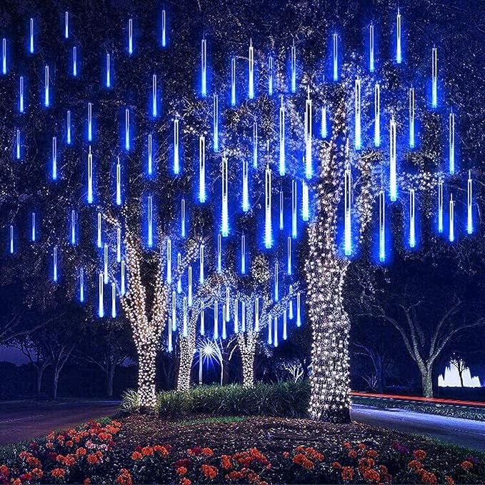 Outdoor Christmas Lights Meteor Shower Light UL Certified 8 Tubes 192 LED Snow Falling Rain Drop Light Dripping Icicle String Lights for Christmas Tree Decorations Xmas Wedding Party, Blue