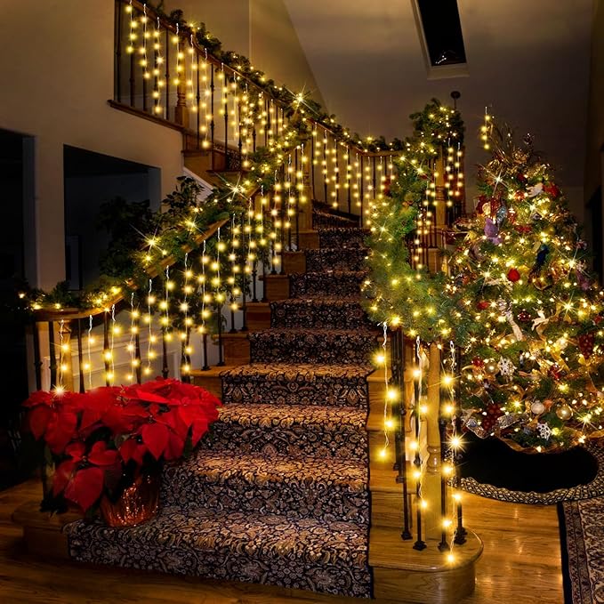 131FT Christmas Lights Outdoor 1440 LED Christmas Decorations Waterproof Plug in with 8 Modes & Timer Christmas Lights for Roof Party Garden Holiday Decor（Warm White）