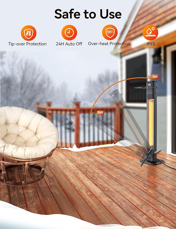 VAGKRI 42 1500W Electric Outdoor Infrared Heater with Remote, 9 Heat Levels, 24H Timer, 1S Fast Heating, IPX5 Waterproof Tower Space Heater for Home, Office, Patio, Garage