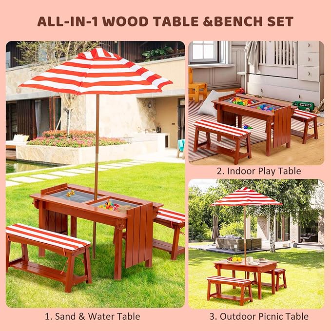 Kids Picnic Table with Umbrella, Outdoor Wooden Table & Bench Set w/Cushions & 2 Removable Boxes, 4-in-1 Children Sand and Water Activity Furniture w/Storage Cover for Patio, Garden