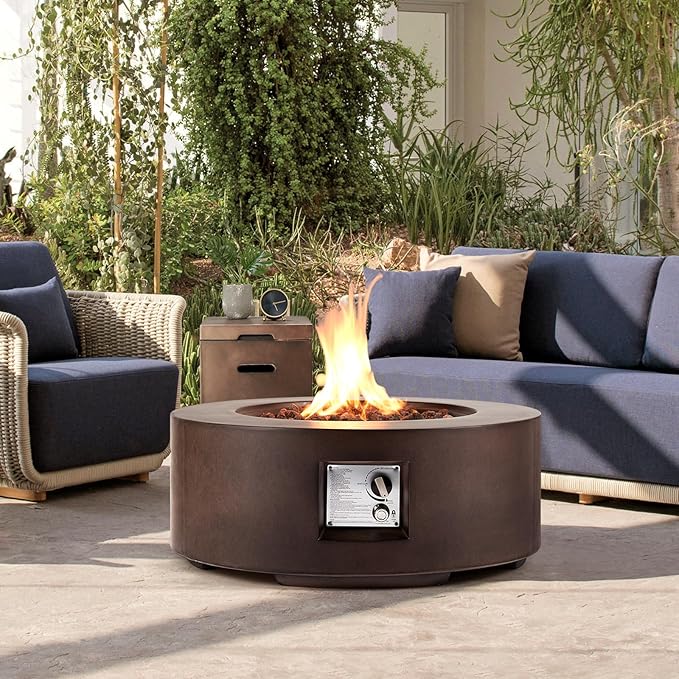 ECOTOUGE 2-Piece Gas Fire Pit, Outdoor Propane Firepit Table Set w/Tank Cover, 30''Auto-Ignition Round Steel Fire Table, 50,000 BTU Concrete fire Pit w/Weather-Resistant Pit Cover, Lava Rocks, Brown