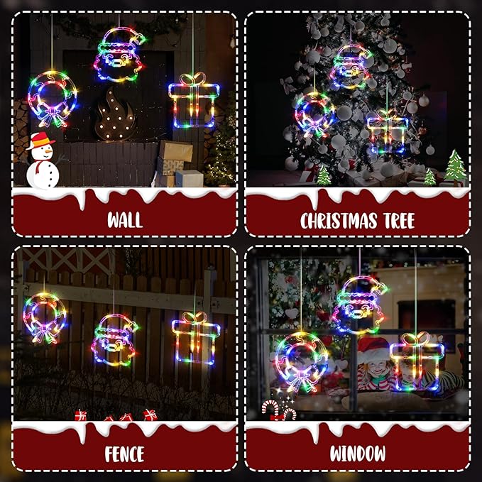 LOLStar Christmas Window Decorations, 3 Pack USB Multicolor Wreath, Gift Box, Santa Claus Xmas Indoor Window Lights, 8 Flashing Modes LED Lights for New Year, Home, Party, Room Decors