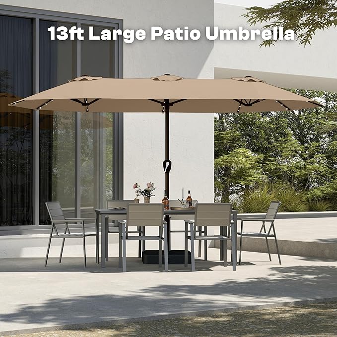 13FT Double-Sided Patio Umbrella with 48 Solar LED Lights, Large Rectangular Outdoor Market Umbrella with Crank Handle, Vented Canopy, Heavy-Duty 12 Rib Steel Frame, for Backyard, Garden, Pool, Beige