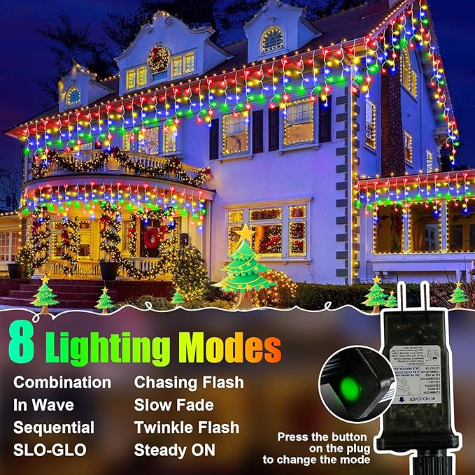 Christmas Lights Outdoor, 49FT 450 LED Ice Lights for Outside, Ice String Lights with 8 Modes, Waterproof Timer Memory Hanging Light for Eaves Party Yard Garden(Multicolor)