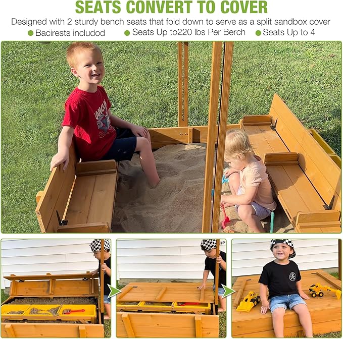 GUTINNEEN Sandbox with Lid and Cover for Kids Outdoor Sand Box with 3 Toy Bins, 2 Foldable Bench Seats, Adjustable Canopy and Sand Protection Liner, 47.2 L x 47.2 W x 51.9 H
