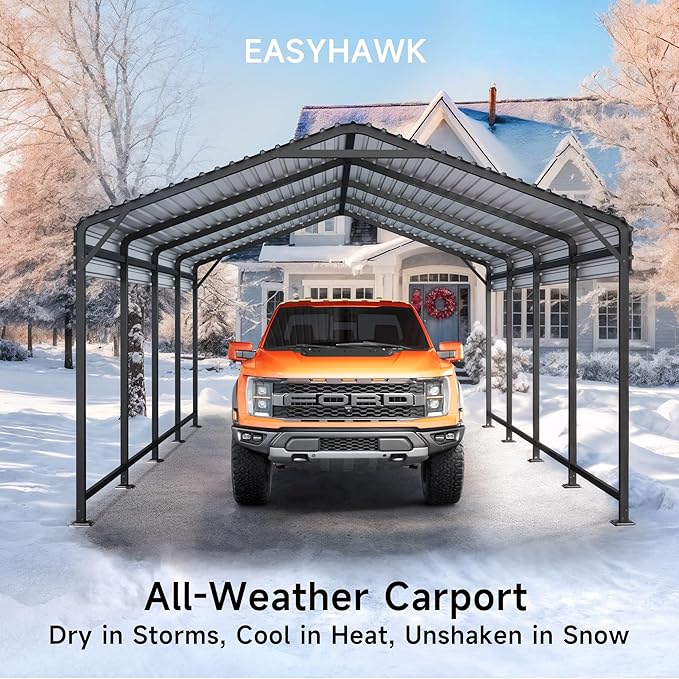 12x20 FT Metal Carport, Enhanced Base and Steel Roof for All-Weather Use, Outdoor Heavy Duty Garage Galvanized Car Shelter for Bass Boats, Full-Sized Pickup Trucks, and Tractors
