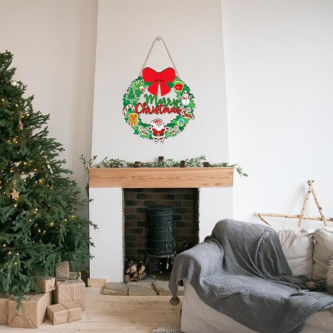 Merry Christmas Wreath Hanging Sign For Front Door, Wooden Welcome Sign With Christmas Tree For Festive Office Rustic Farmhouse Wall Window Decoration (Wreath)