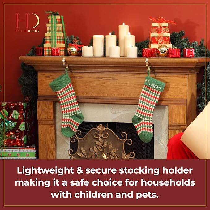 Haute Decor The Original MantleClip Stocking Holder - 4 Pack (Glimmer Gold) - Hang Christmas Stockings Safely and Securely
