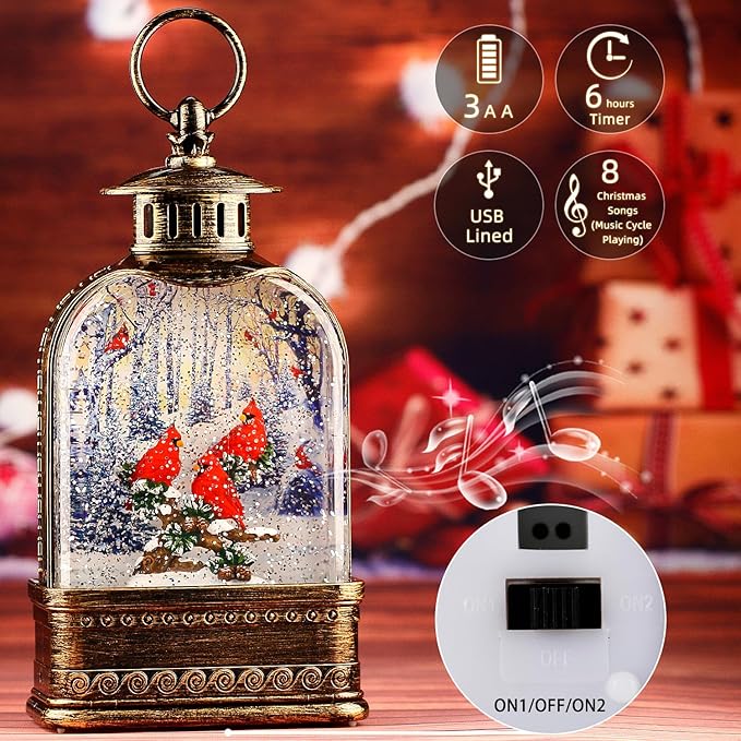 11Inch Christmas Snow Globes Cardinal Gifts, Musical Cardinal Snow Globe Glitter Light Up, Christmas Decorations Indoor 6H Timer Red Cardinal Christmas Decor for Women