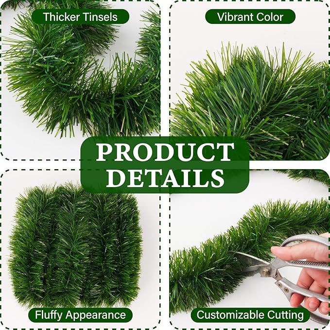 2Pcs 50FT Green Christmas Garland Decorations, Christmas Artificial Pine Greenery Garland Outdoor Indoor Decor, Straight Faux PVC Soft Garland for Stairs Railing Fireplace Window Christmas Decor