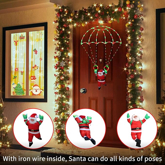 Christmas Decorations Lights Outdoor, 2.8ft LED Christmas Parachute Light with Santa Claus, 8 Modes & Timer Battery Operated Hanging Xmas Lights for Roof Eave Balcony Home Garden Decor (Red Green)