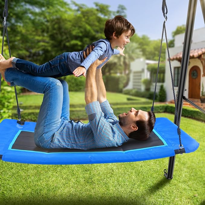 Trekassy 60 Large Platform Saucer Swing with Frame for Kids Outdoor, 440lbs Swing Set with Heavy Duty Metal Swing Stand for Backyard, Outdoor Kids Play Equipment (Blue)