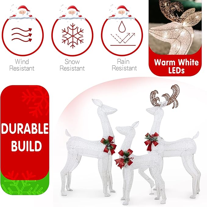 5Ft 3-Piece LED Lighted Christmas Deer Family Outdoor Yard Decorations,3D Super Large Christmas Reindeer Decor,Outdoor Lighted Holiday Deer with 360 LED Displays for Patio,Lawn&Garden,White