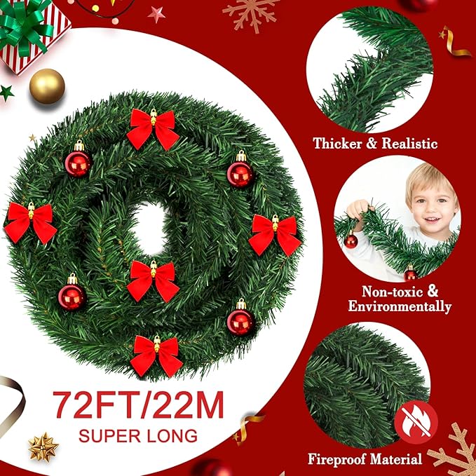 72Feet Christmas Garland, with 36 Red Velvet Bows and 24 Decorative Balls, Non-Lit Greenery Christmas Decoration for Xmas Tree Wreath, Indoor Outdoor Home Mantle Wedding Party