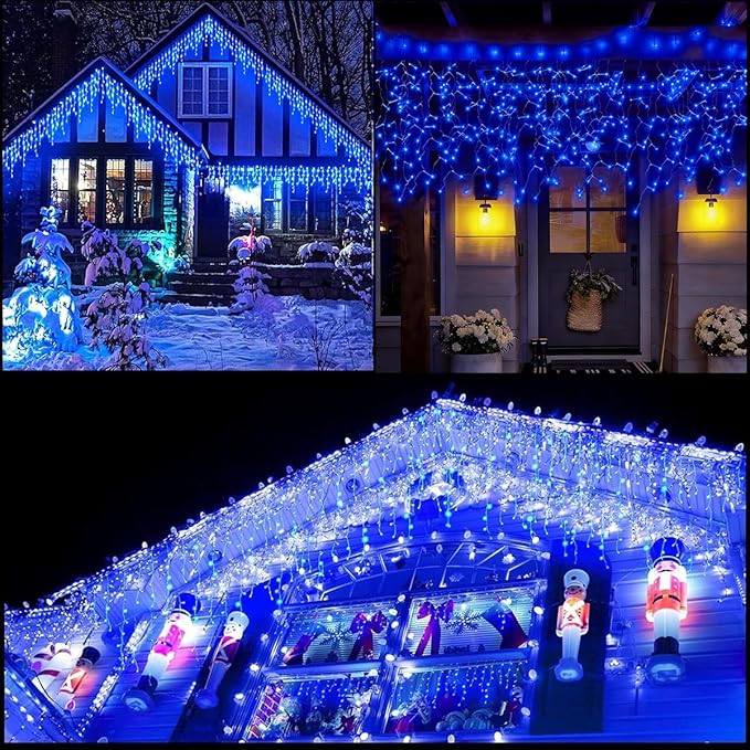 320LED Solar Christmas Lights Outdoor Waterproof Christmas Decorations Curtain Lights 29.5ft 60 Drops,8 Modes Solar Powered Rechargeable Fairy Lights for Party, Holiday,Wedding Decorations (Blue)