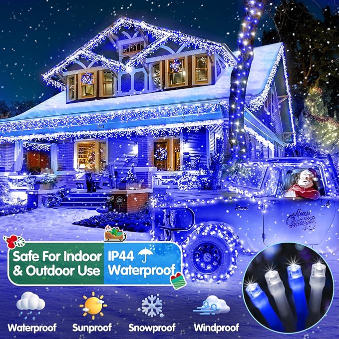 Heceltt Christmas Lights Outdoor, 403FT 1000 LED String Lights 8 Modes and Timer Memory Function Twinkle Fairy Lights IP44 Waterproof Plug in for Xmas Tree Wedding Party Holiday Decor(Blue and White)