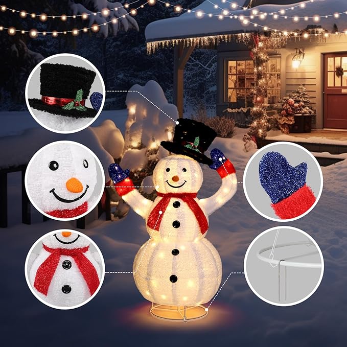 VINGLI 4FT Lighted Snowman Christmas Decorations w/ 120 LED Lights, Auto Take on/Off Hat, Pop-up Snowman Ornaments with Ground Stakes for Outside Holiday Indoor Decor