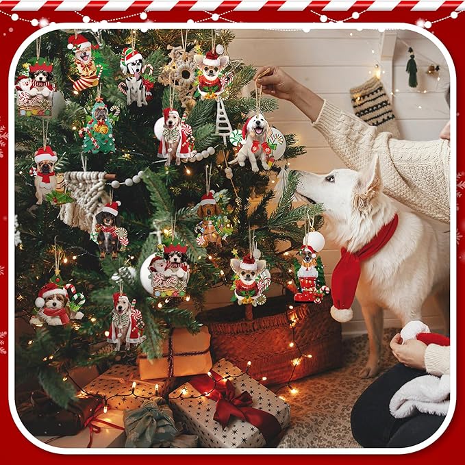 Qunclay 36 Pcs Dog Christmas Tree Ornaments Wooden Dog Christmas Tree Decorations Rustic Xmas Puppy Hanging Ornament Decorative Puppy Wood Pendants for Home Fireplace Holiday Xmas Party Decor