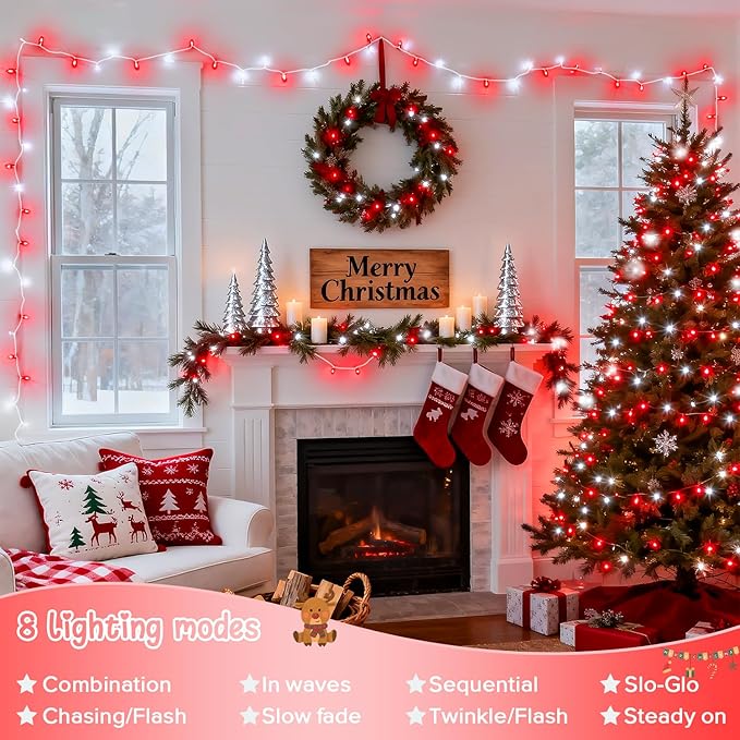 JMEXSUSS 2 Pack 100 LED Red and White Christmas Lights Outdoor, 8 Modes Connectable String Lights Indoor, LED Christmas Tree Lights Plug in for Xmas House Party Bedroom Decorations
