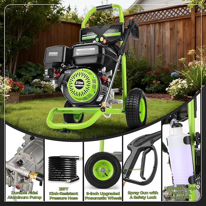 4200PSI Pressure Washer 4.0GPM Gas Power Washer 212CC Gas Powered Washing Machine Commercial High Pressure Washer with 25ft Hose&5 Nozzles for Patio Garden Yard Vehicle,EPA/CARB/ETL (Green & Black)