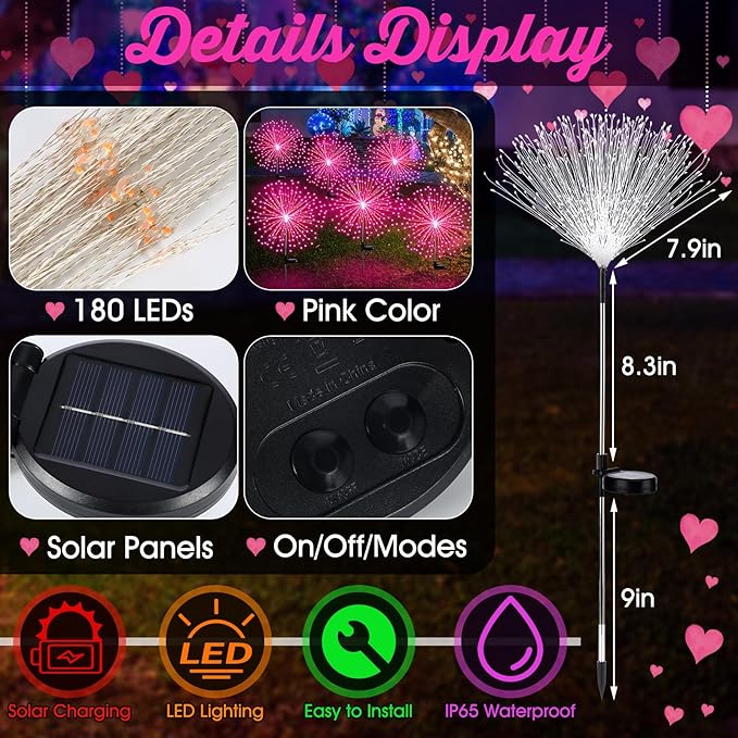 6 Pack Pink Christmas Solar Firework Lights 180 LED 8 Lighting Modes Waterproof Outdoor Decorative Solar Lights for Xmas Wedding Valentine Birthday Garden Patio Yard Pathway Walkway Lawn Decor