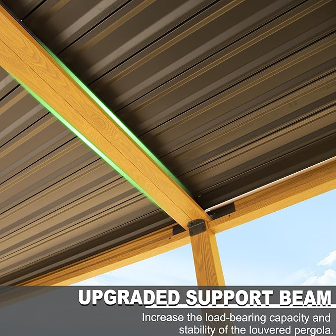 10’ x 20’ Louvered Pergola, Outdoor Pergola Aluminum Frame with Adjustable Rainproof Metal Roof, Permanent Sun Shade with Drainage System for Backyard, Garden and Lawn (Wooden Grain)