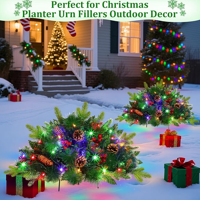 2 Pack 22" Christmas Tree Urn Fillers, Prelit 8 Mode Timer 40LED Lights with 3 Styles Branches Tripod Stake Pine Cones and Berry, Outdoor Christmas Trees Decor